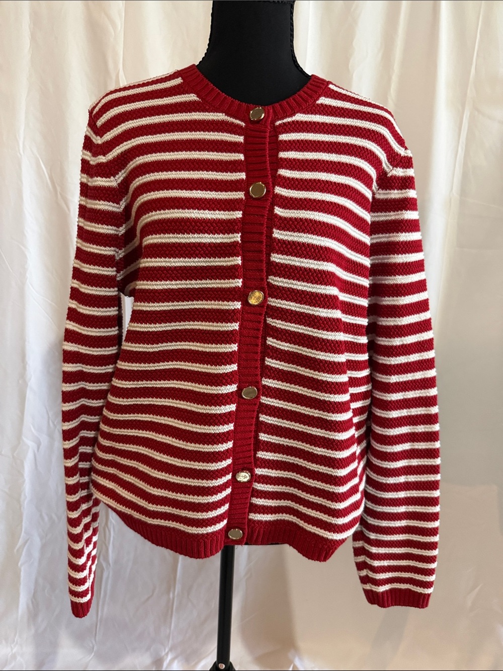 Nine West Red and White Striped Button-Front Sweater